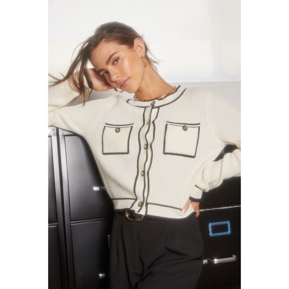 LULUS Impressively Iconic Ivory Waffle Knit Contrast Cardigan